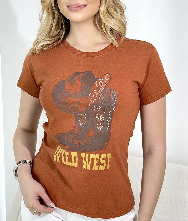 TSHIRT FEMININA COUNTRY WILD WEST PEDRARIA - TERRA COTA