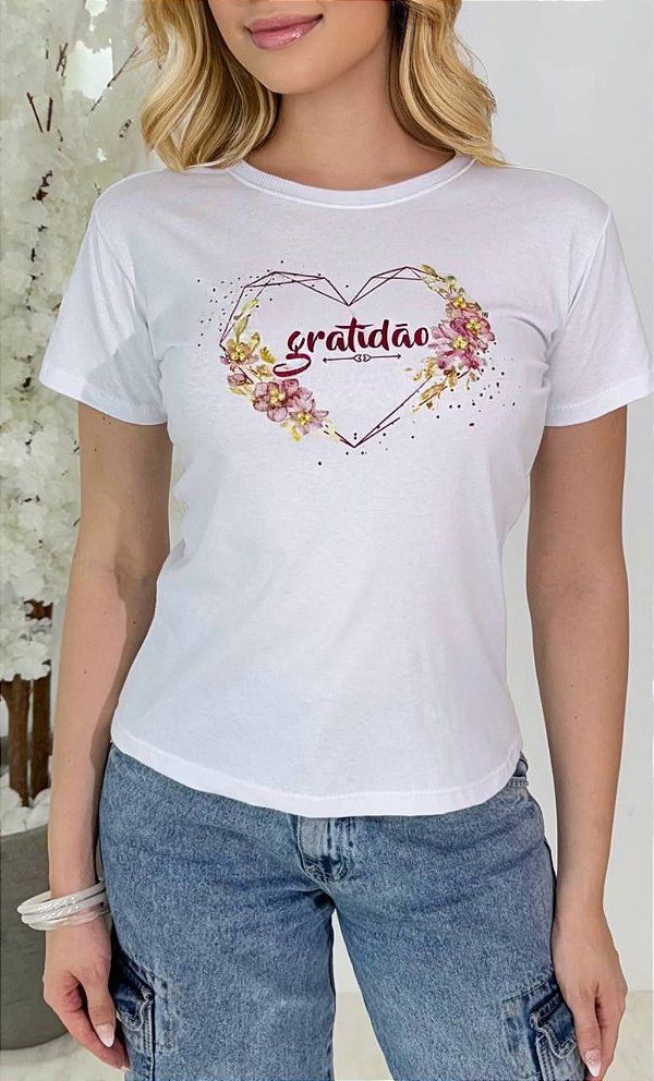 TSHIRT FEMININA GRATIDÃO APLICAÇÃO EM PÉROLAS - BRANCA