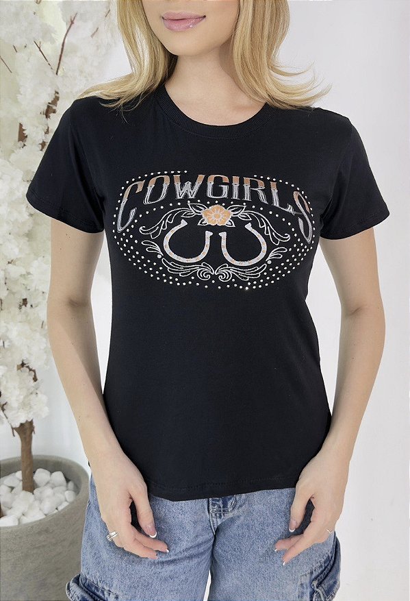 TSHIRT COWGIRL FERRADURA PEDRARIA - PRETA
