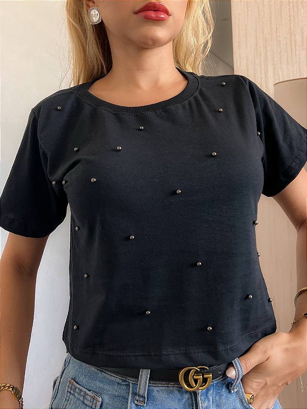 CROPPED ALGODÃO GOLA NA RIBANA PÉROLAS - PRETO