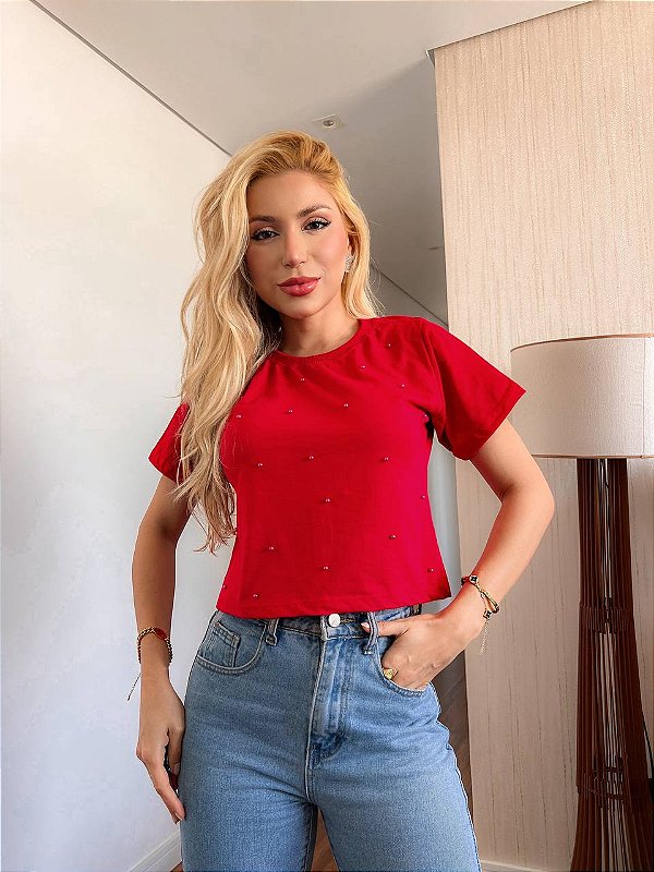 CROPPED ALGODÃO GOLA NA RIBANA PÉROLAS - VERMELHO
