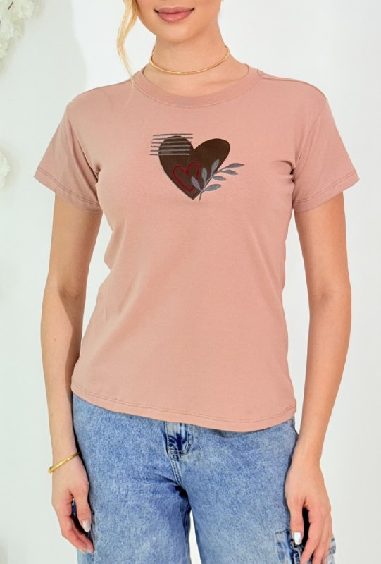 TSHIRT CORAÇÃO APLICAÇÃO EM COURO -NUDE