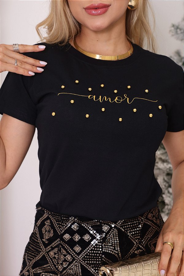 TSHIRT AMOR PÉROLAS -PRETA