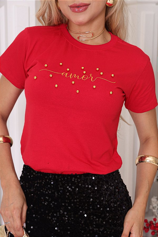 TSHIRT AMOR PÉROLAS- VERMELHA