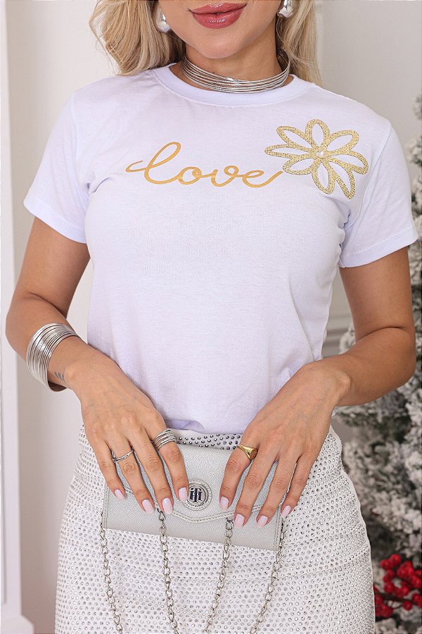 TSHIRT BORDADA LOVE FLOR - BRANCA