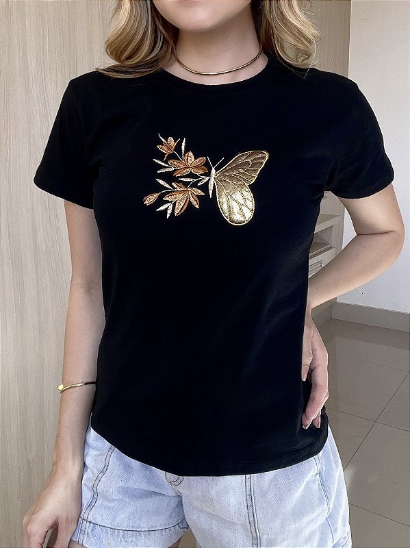 TSHIRT BORDADA BORBOLETA -PRETA