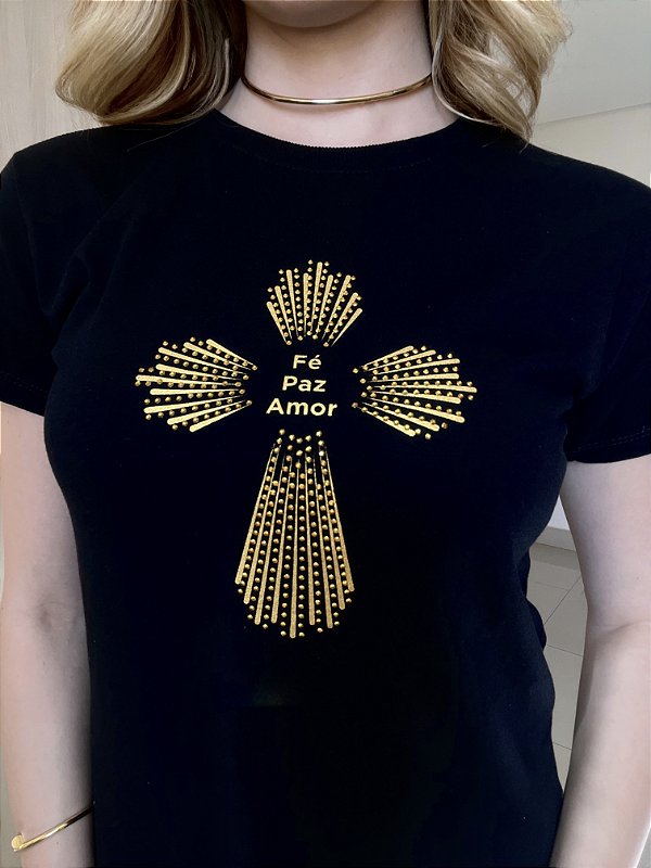 TSHIRT CRUZ, FÉ PAZ AMOR PEDRARIA - PRETA