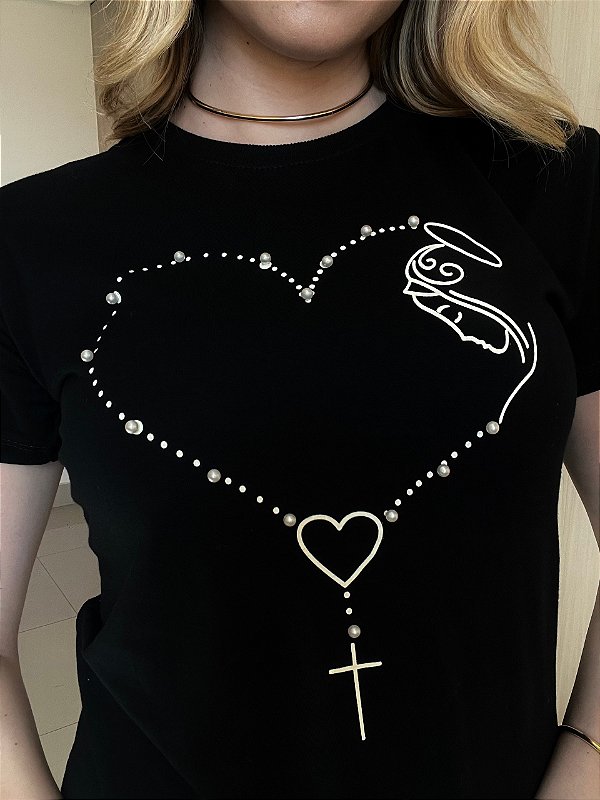 TSHIRT FEMININA CATÓLICA NOSSA SENHORA DE FÁTIMA TERÇO - PRETA