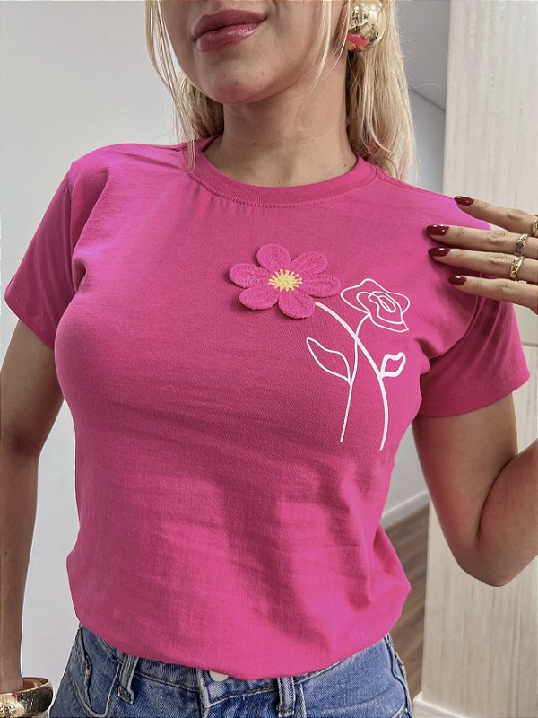 TSHIRT BORDADA 2 FLORES - ROSA PINK
