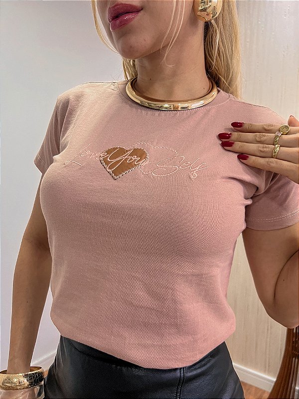 TSHIRT BORDADA LOVE YOU SELF CORAÇÃO - NUDE
