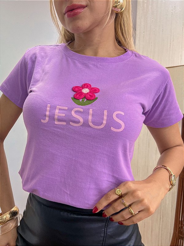 TSHIRT BORDADA JESUS FLOR - LILÁS