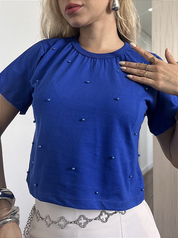 CROPPED ALGODÃO GOLA NA RIBANA PÉROLAS - AZUL BIC