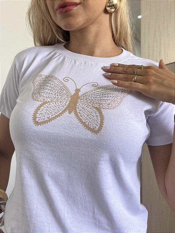 TSHIRT BORBOLETA PEDRARIA-BRANCA