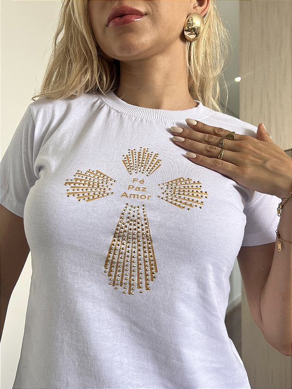 TSHIRT CRUZ, FÉ PAZ AMOR PEDRARIA - BRANCA