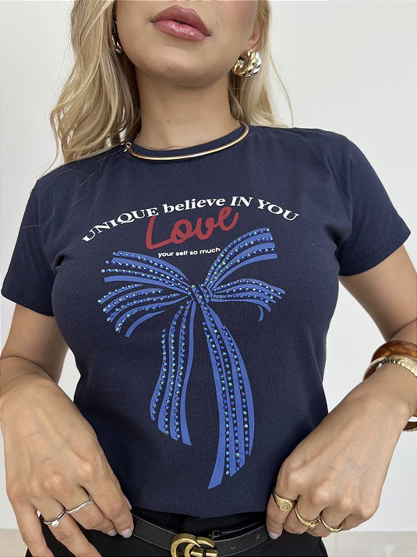TSHIRT LOVE LAÇO PEDRARIA - AZUL MARINHO