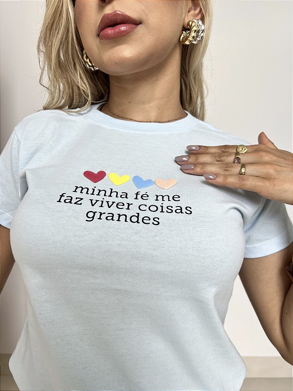 TSHIRT MINHA FÉ CORAÇÕES - AZUL BEBÊ