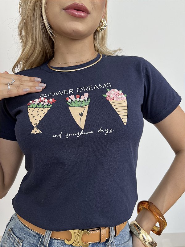 TSHIRT FLOWER DREAMS PÉROLAS - AZUL MARINHO