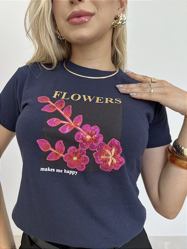 TSHIRT FLOWERS LANTEJOULAS - AZUL MARINHO