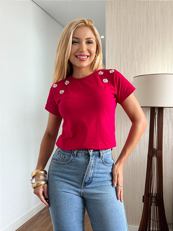 TSHIRT BORDADA NO CROCHÊ PÉROLAS - ROSA PINK