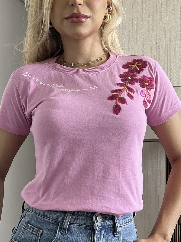 TSHIRT BRILHO DE CRISTO FLOR LANTEJOULAS - ROSA BEBÊ