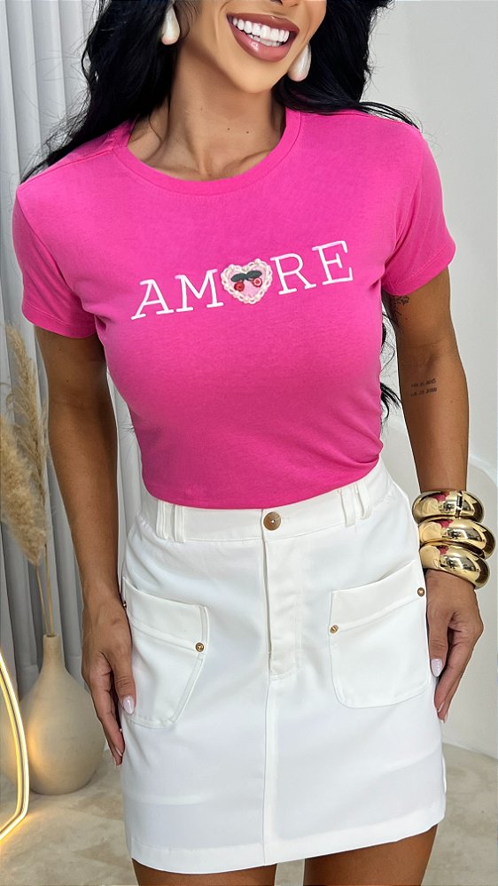 TSHIRT AMORE CEREJA BORDADA - ROSA PINK