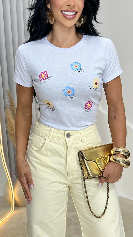 TSHIRT FLORES FRASES GOSPEL - BRANCA