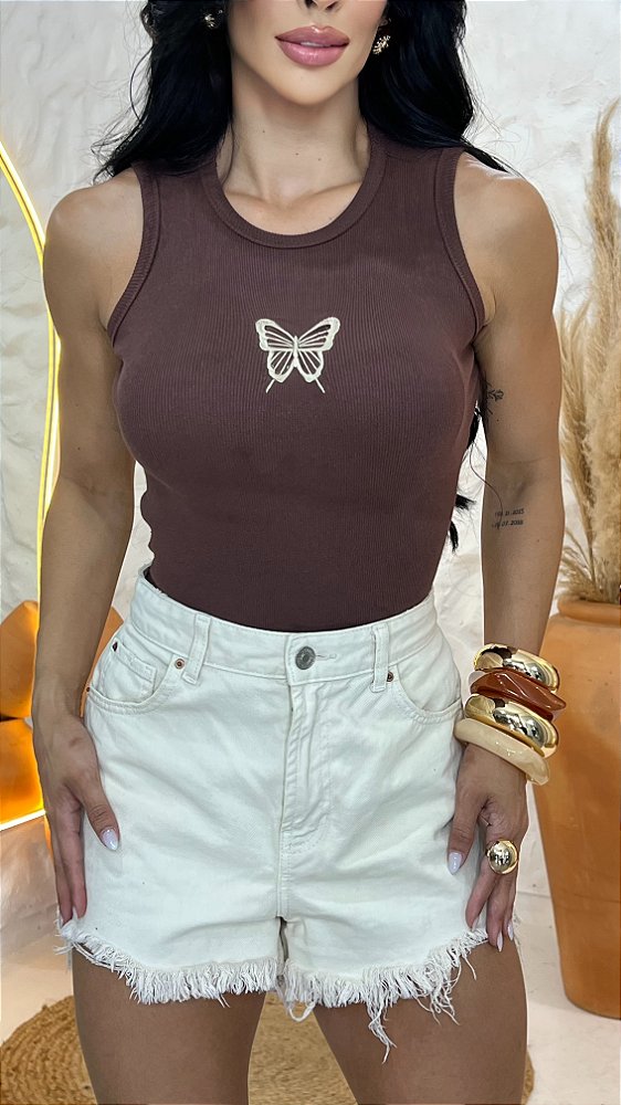 REGATA NA RIBANA BORDADA BORBOLETA-CHOCOLATE