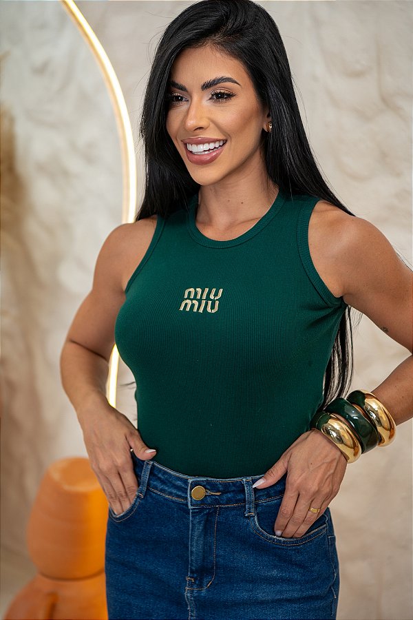 REGATA NA RIBANA BORDADA MIU MIU - VERDE MILITAR