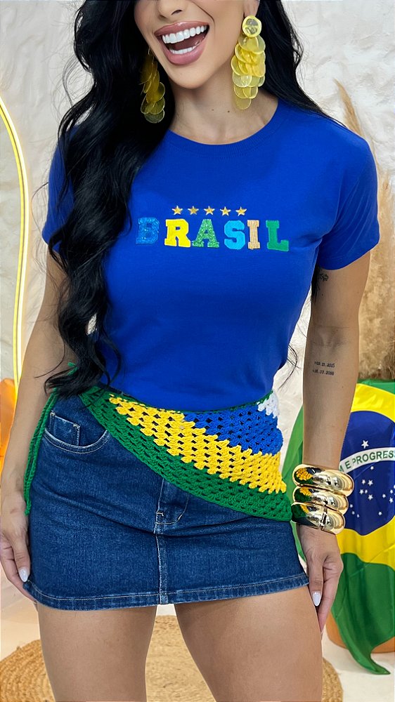 TSHIRT BRASIL ESTRELAS BORDADA - AZUL BIC