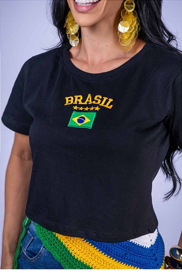 CROPPED BRASIL ESTRELAS BANDEIRA - PRETO