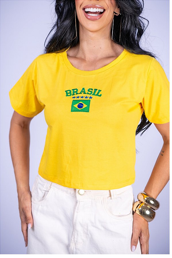 CROPPED BRASIL ESTRELAS BANDEIRA - AMARELO