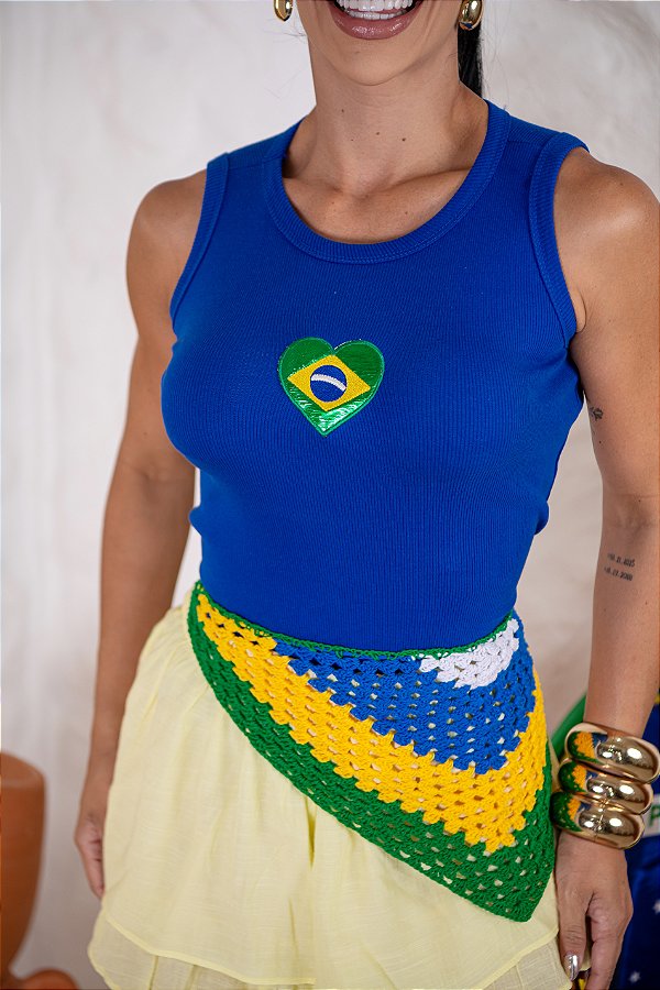 REGATA NA RIBANA BRASIL BORDADO 3D CORAÇÃO BANDEIRA- AZUL