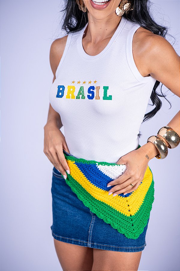 REGATA NA RIBANA BRASIL ESTRELAS BORDADO 3D - BRANCA