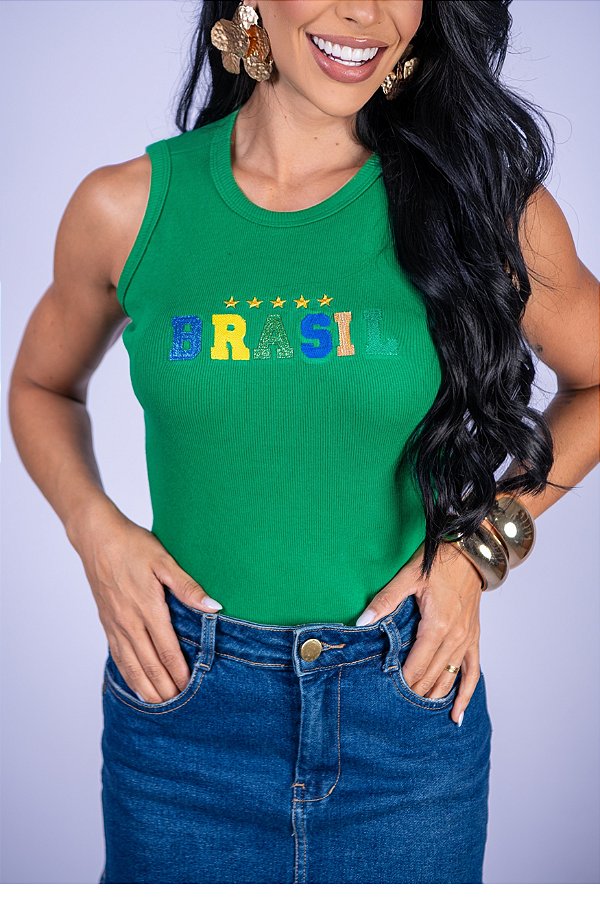 REGATA NA RIBANA BRASIL ESTRELAS BORDADO 3D - VERDE