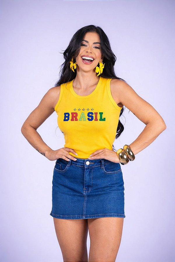 REGATA NA RIBANA BRASIL ESTRELAS BORDADO 3D - AMARELA