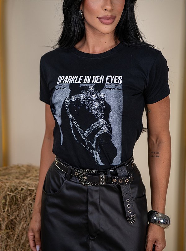 TSHIRT NO ALGODÃO CAVALO SPARKLE PONTO DE LUZ- PRETO