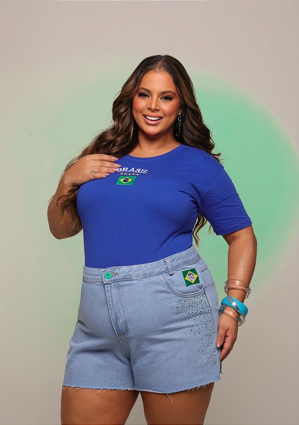 TSHIRT PLUS SIZE BORDADA BRASIL BANDEIRA- AZUL