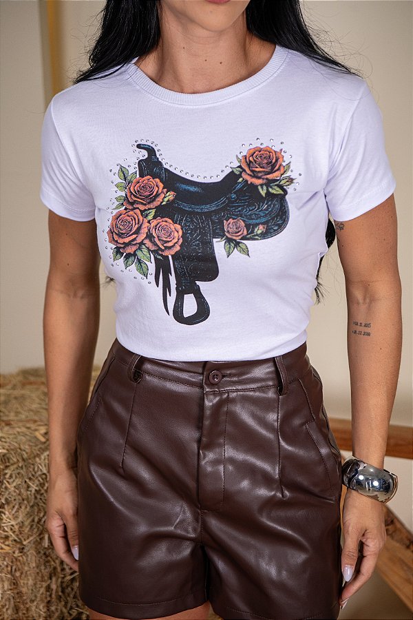 TSHIRT NO ALGODÃO SELA FLORES PEDRARIA - BRANCA