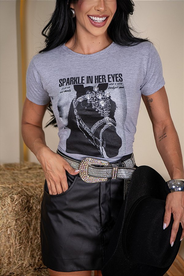 TSHIRT NO ALGODÃO CAVALO SPARKLE PONTO DE LUZ-CINZA