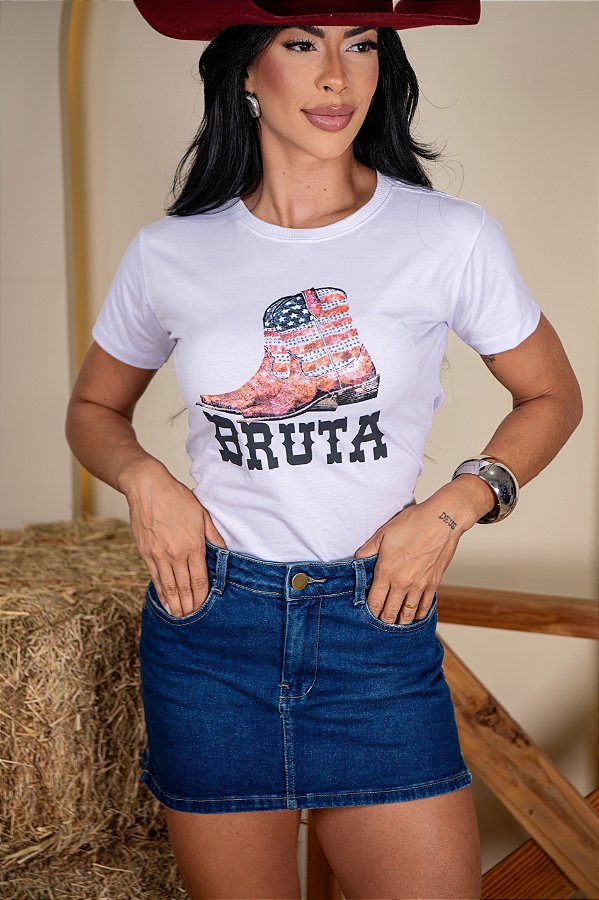 TSHIRT NO ALGODÃO BOTA BRUTA PEDRARIA - BRANCA