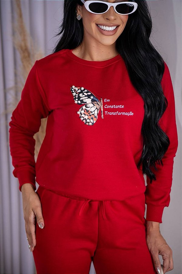 BLUSA MOLETOM BORBOLETA PÉROLA - VERMELHA