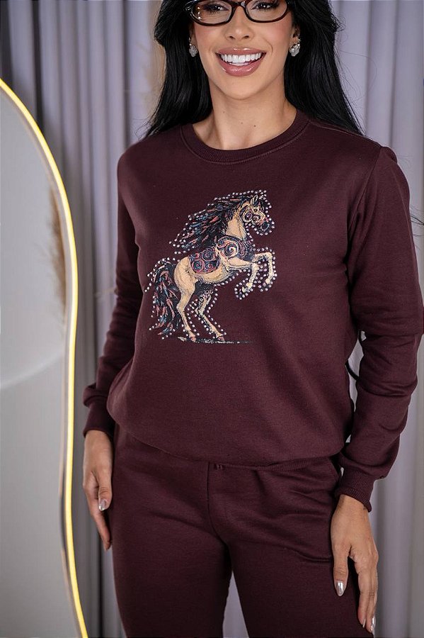 BLUSA MOLETOM CAVALO EM PÉ PEDRARIA - MARROM