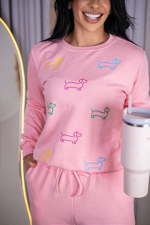 BLUSA MOLETOM CACHORRINHOS -ROSA BEBÊ