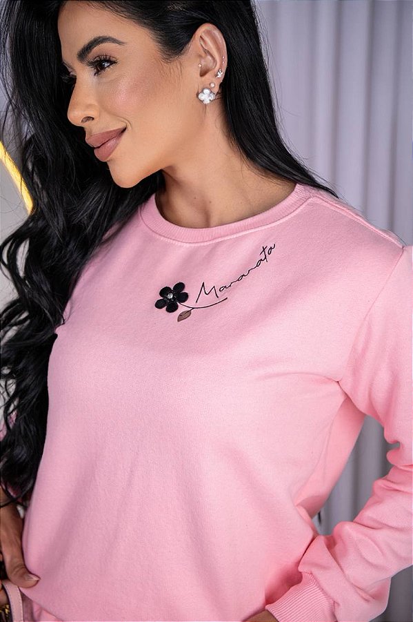 BLUSA MOLETOM FLOR MARANATA -ROSA BEBÊ