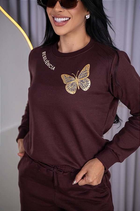 BLUSA MOLETOM BORBOLETA RESILIENCIA - MARROM