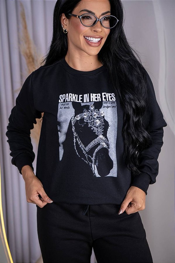 BLUSA MOLETOM CAVALO SPARKLE PONTO DE LUZ- PRETO