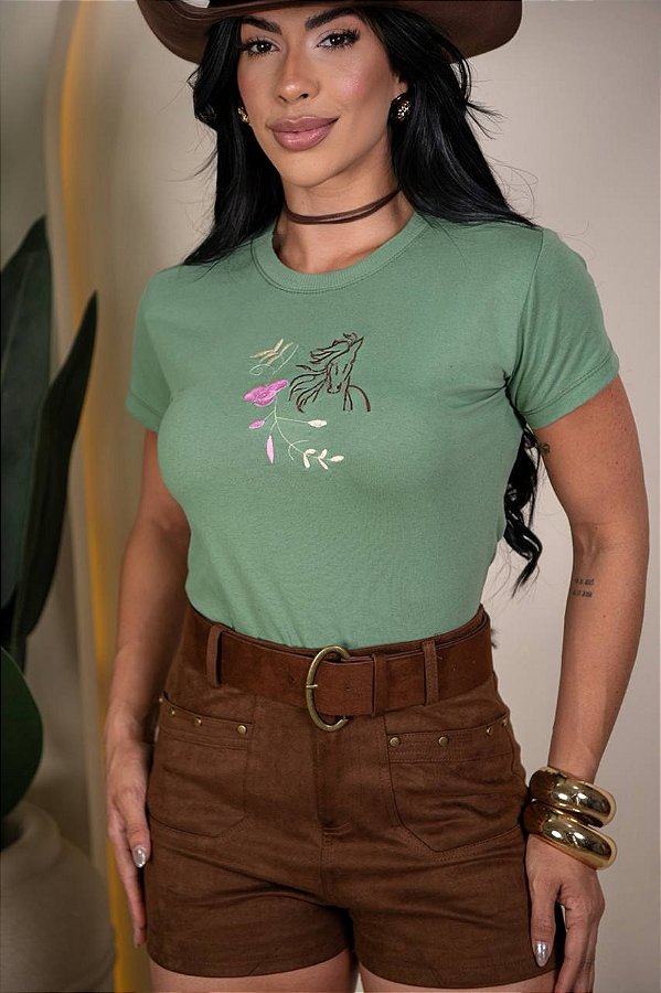 TSHIRT BORDADA CAVALO CORRENDO GALHOS - VERDE MENTA