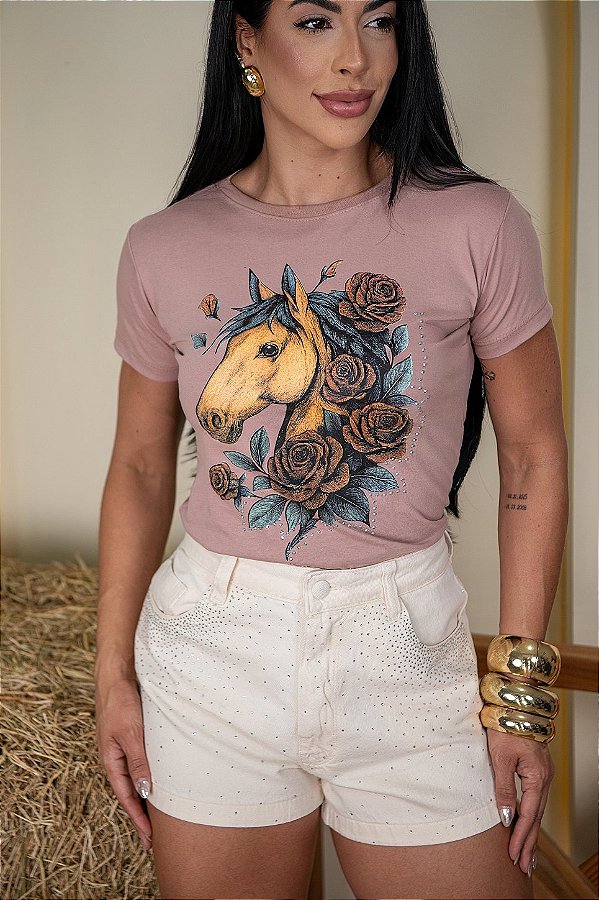 TSHIRT CAVALO FLORES PEDRARIA - NUDE