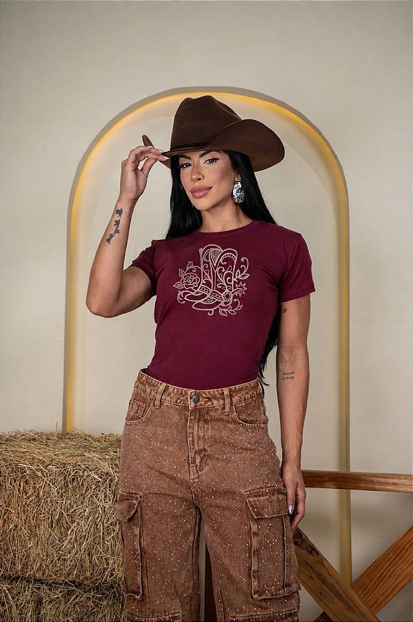 T-SHIRT BORDADA BOTA FLORES - MARSALA
