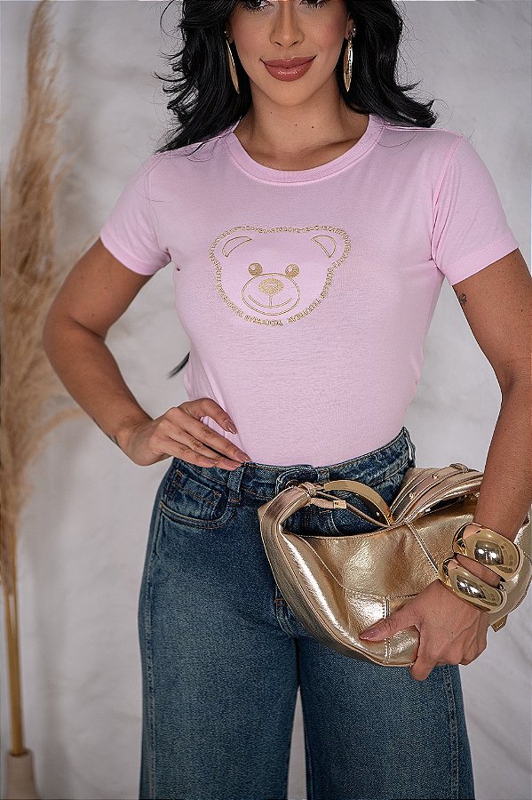 TSHIRT CARA URSINHO BORDADA - ROSA BEBÊ